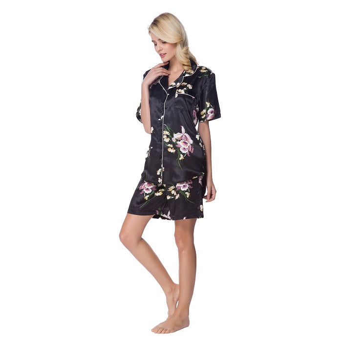 Women's Short Sleeve Classical Silky Satin Pajamas, Short Bottom Sleepwear