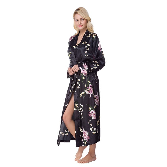 Lavenderi Women's Satin Kimono Robe - Long Classic Satin Lounge Bathrobe