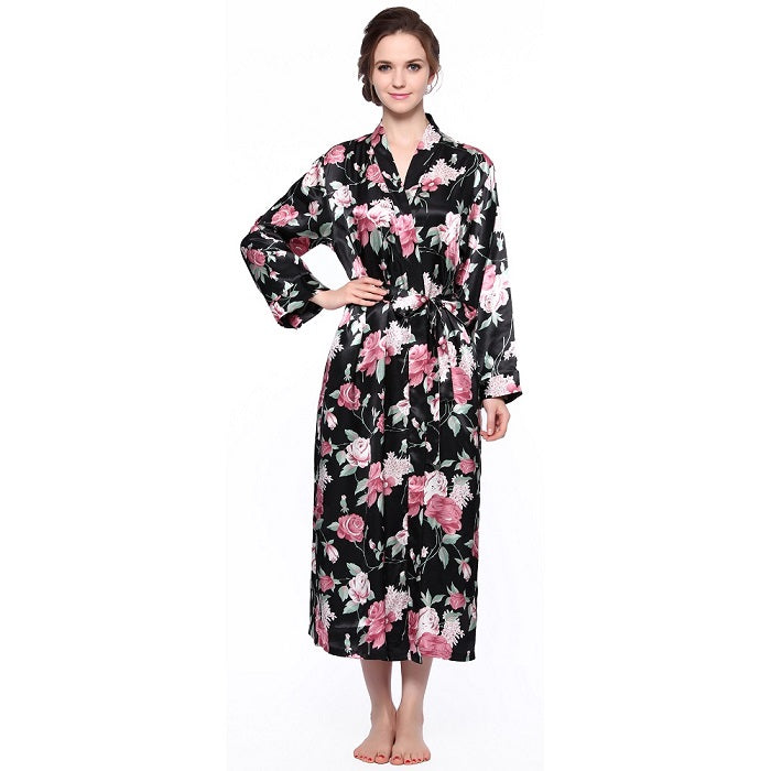 Lavenderi Women's Satin Kimono Robe - Long Classic Satin Lounge Bathrobe
