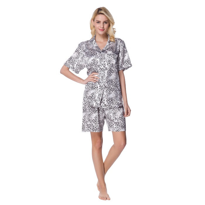 Women's Short Sleeve Classical Silky Satin Pajamas, Short Bottom Sleepwear