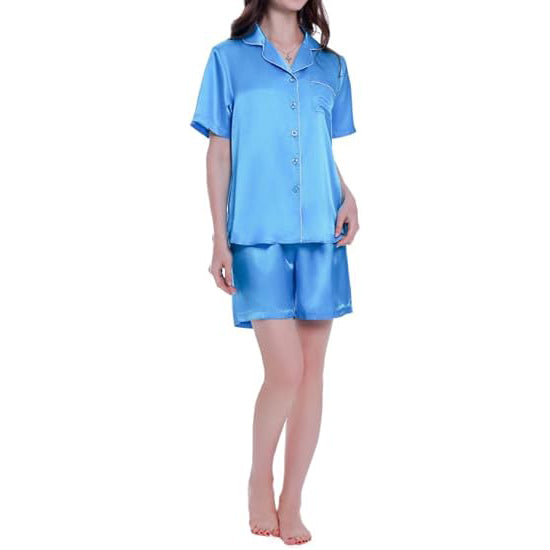 Women's Short Sleeve Classical Silky Satin Pajamas, Short Bottom Sleepwear
