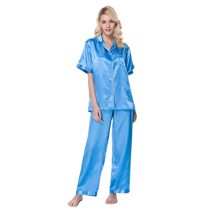 Lavenderi Women's Short Sleeve Classic Satin Pajama Set - Soft Silky Sleepwear for Women, Comfortable & Stylish