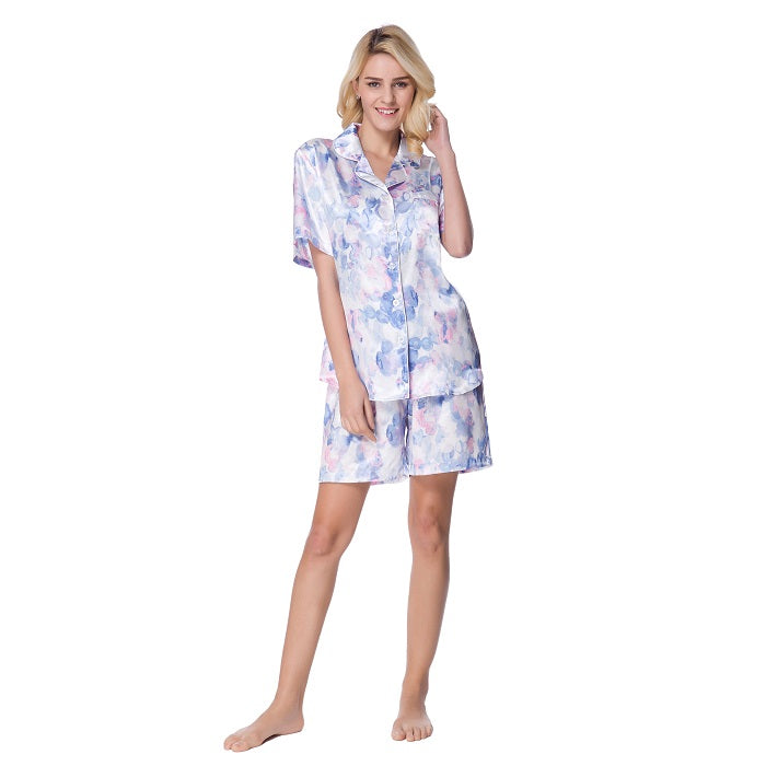 Women's Short Sleeve Classical Silky Satin Pajamas, Short Bottom Sleepwear