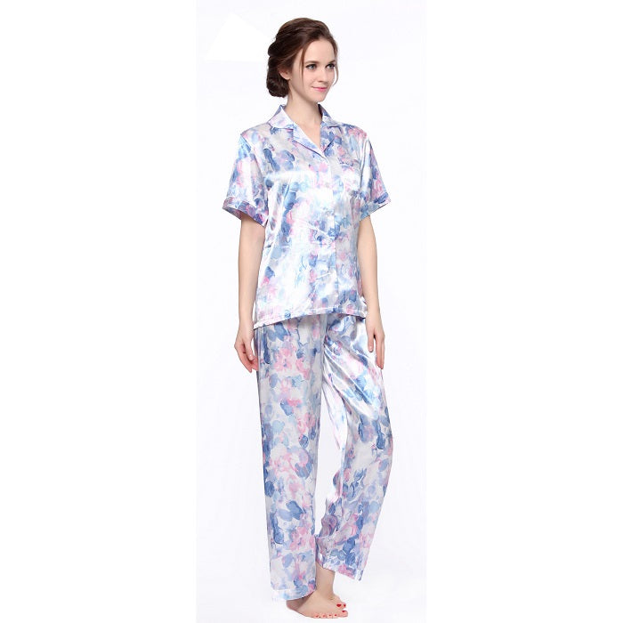 Lavenderi Women's Short Sleeve Classic Satin Pajama Set - Soft Silky Sleepwear for Women, Comfortable & Stylish