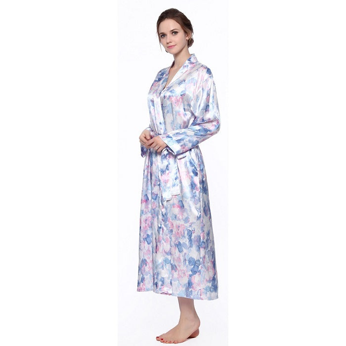 Lavenderi Women's Satin Kimono Robe - Long Classic Satin Lounge Bathrobe