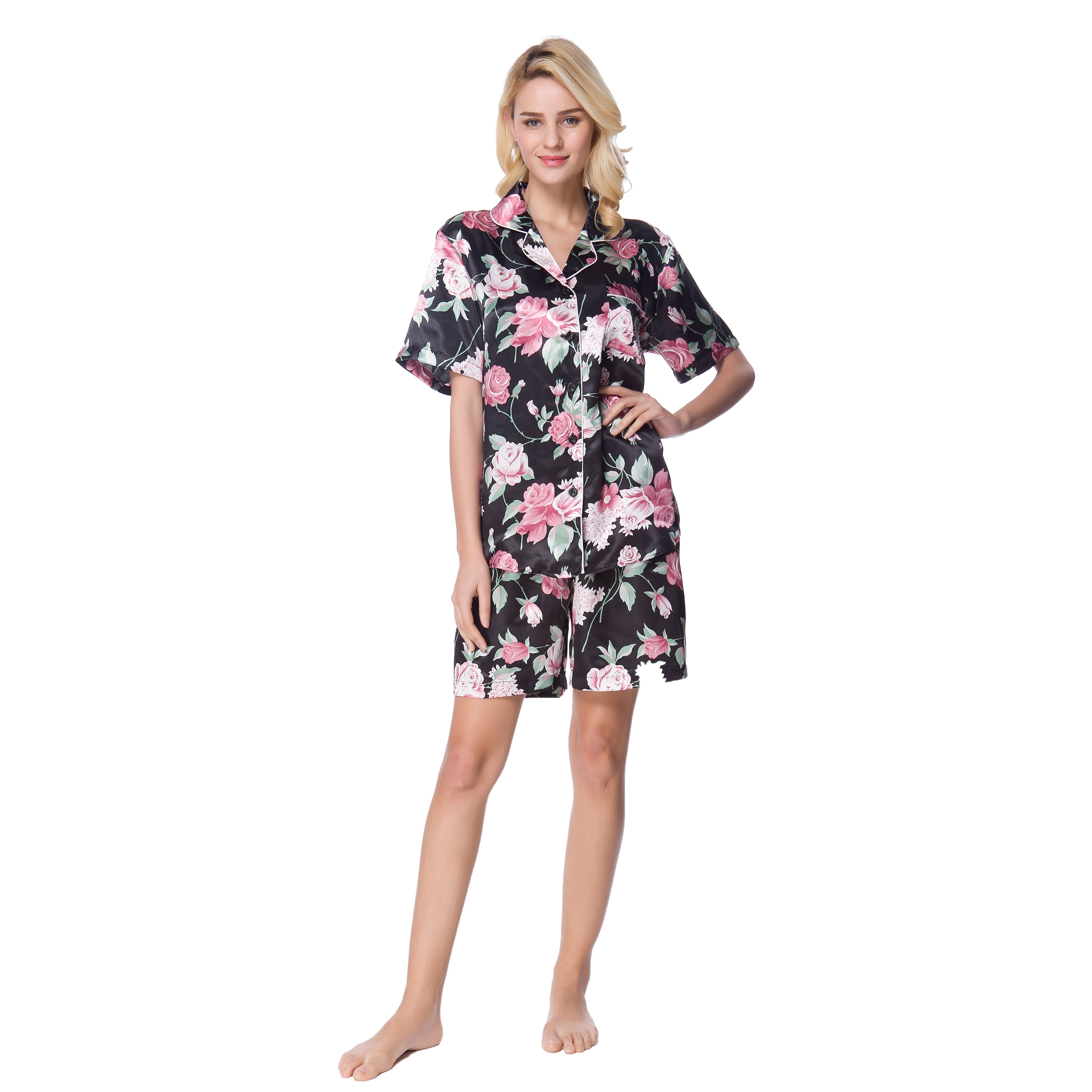 Women's Short Sleeve Classical Silky Satin Pajamas, Short Bottom Sleepwear