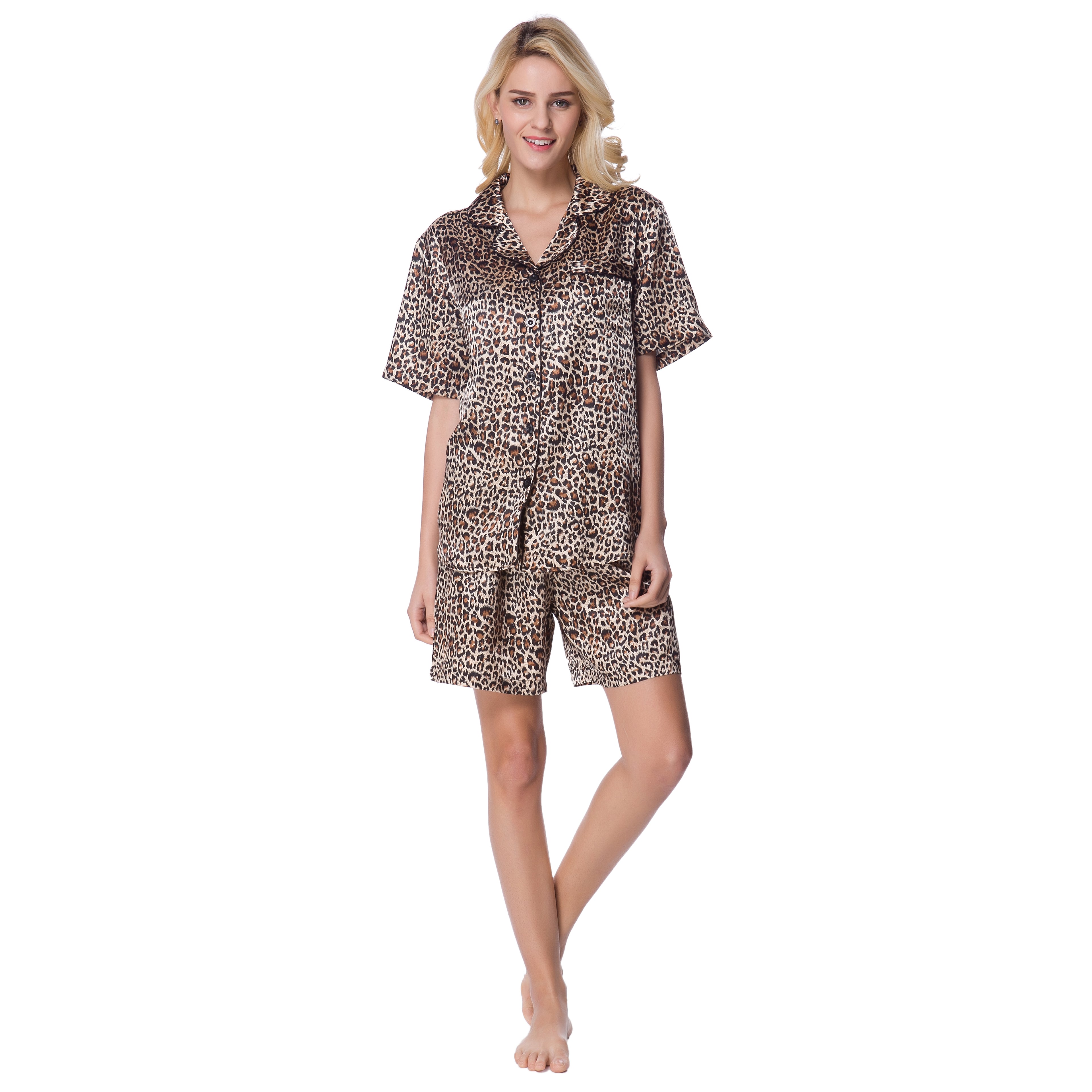 Women's Short Sleeve Classical Silky Satin Pajamas, Short Bottom Sleepwear
