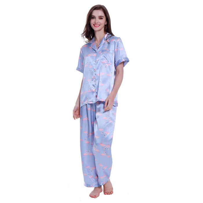 Lavenderi Women's Short Sleeve Classic Satin Pajama Set - Soft Silky Sleepwear for Women, Comfortable & Stylish