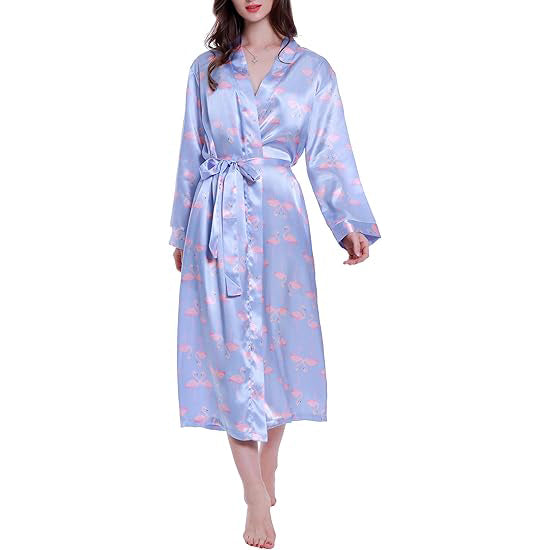 Lavenderi Women's Satin Kimono Robe - Long Classic Satin Lounge Bathrobe