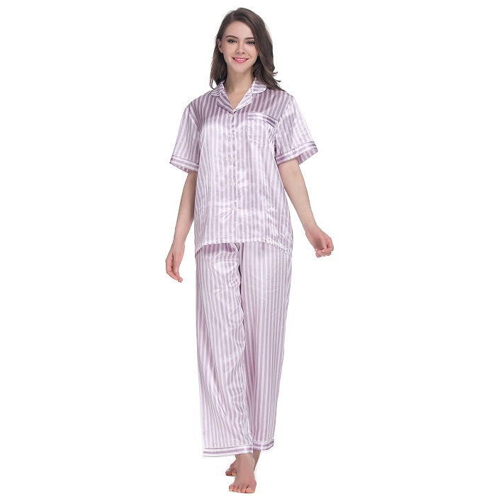 Lavenderi Women's Short Sleeve Classic Satin Pajama Set - Soft Silky Sleepwear for Women, Comfortable & Stylish