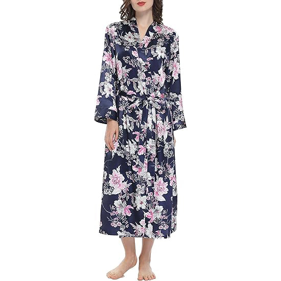 Lavenderi Women's Satin Kimono Robe - Long Classic Satin Lounge Bathrobe