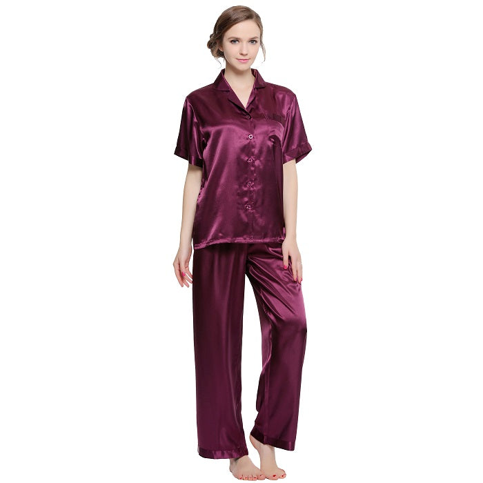Lavenderi Women's Short Sleeve Classic Satin Pajama Set - Soft Silky Sleepwear for Women, Comfortable & Stylish