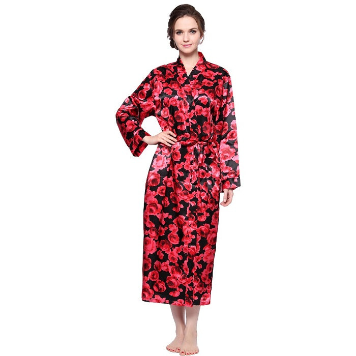 Lavenderi Women's Satin Kimono Robe - Long Classic Satin Lounge Bathrobe