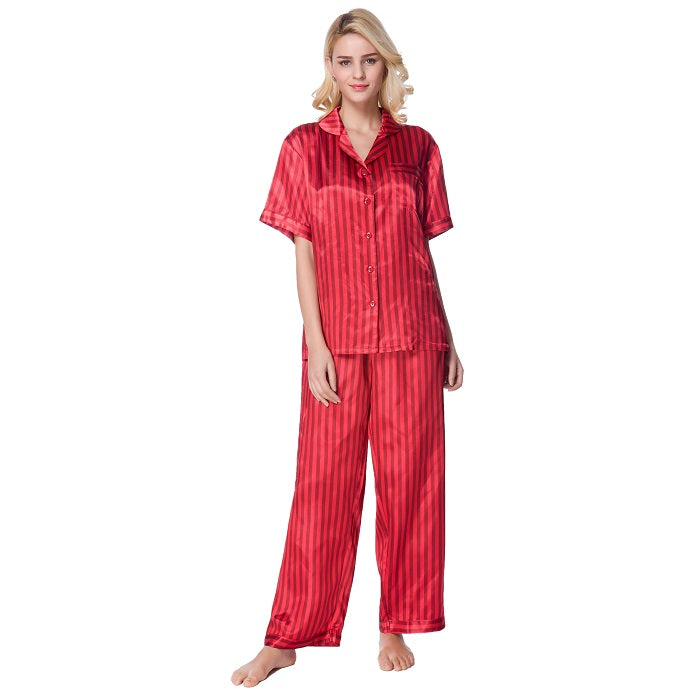 Lavenderi Women's Short Sleeve Classic Satin Pajama Set - Soft Silky Sleepwear for Women, Comfortable & Stylish