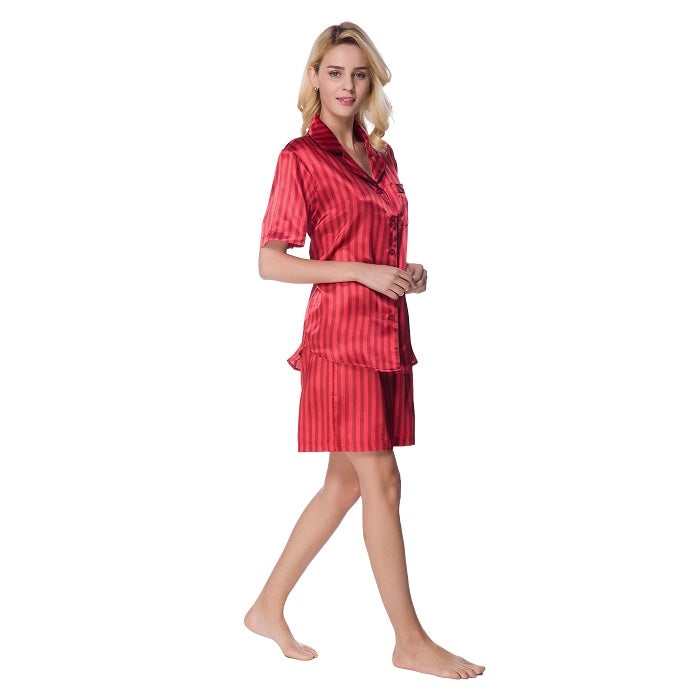 Women's Short Sleeve Classical Silky Satin Pajamas, Short Bottom Sleepwear