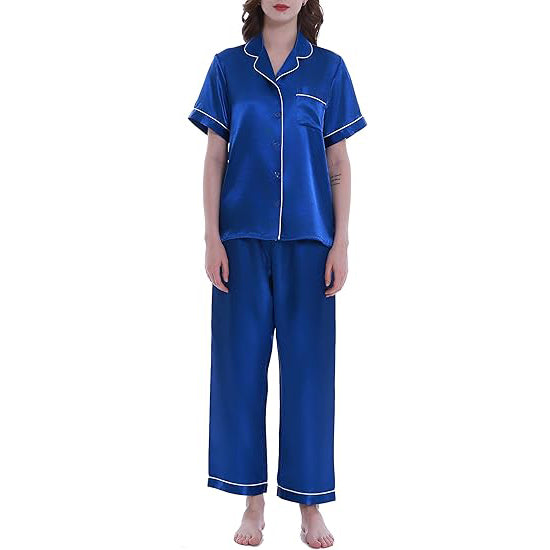 Lavenderi Women's Short Sleeve Classic Satin Pajama Set - Soft Silky Sleepwear for Women, Comfortable & Stylish