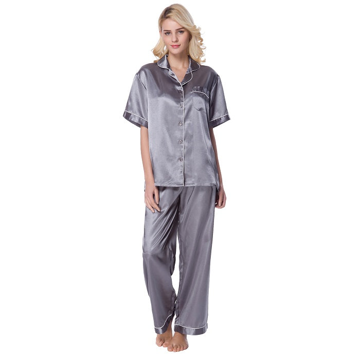 Lavenderi Women's Short Sleeve Classic Satin Pajama Set - Soft Silky Sleepwear for Women, Comfortable & Stylish