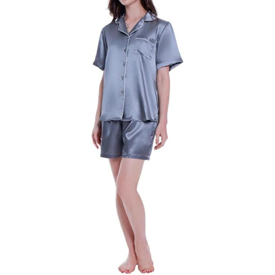 Women's Short Sleeve Classical Silky Satin Pajamas, Short Bottom Sleepwear