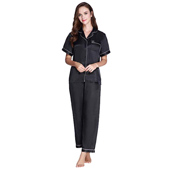 Lavenderi Women's Short Sleeve Classic Satin Pajama Set - Soft Silky Sleepwear for Women, Comfortable & Stylish