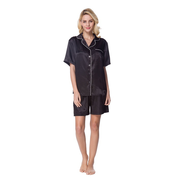 Women's Short Sleeve Classical Silky Satin Pajamas, Short Bottom Sleepwear