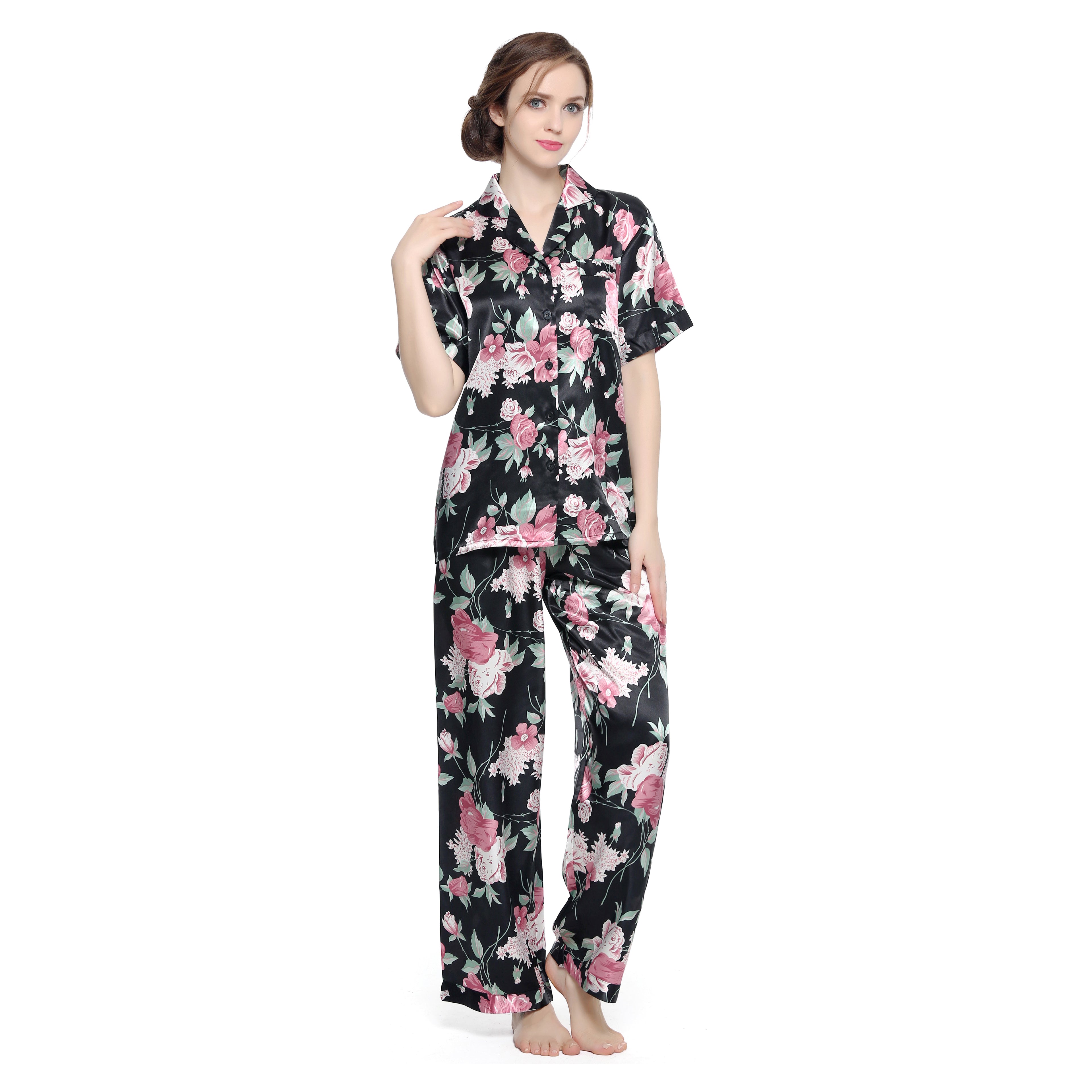 Lavenderi Women's Short Sleeve Classic Satin Pajama Set - Soft Silky Sleepwear for Women, Comfortable & Stylish