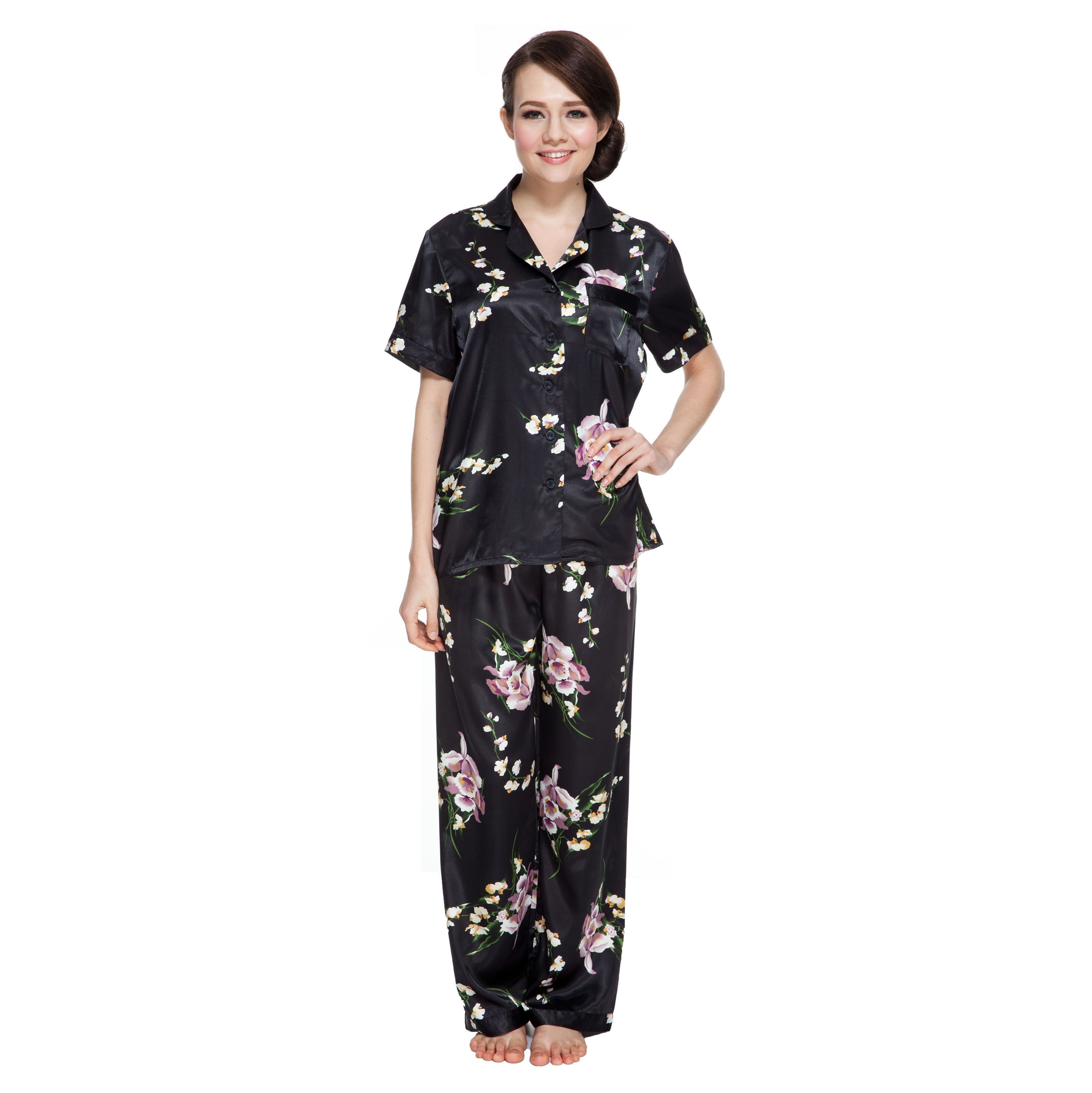 Lavenderi Women's Short Sleeve Classic Satin Pajama Set - Soft Silky Sleepwear for Women, Comfortable & Stylish