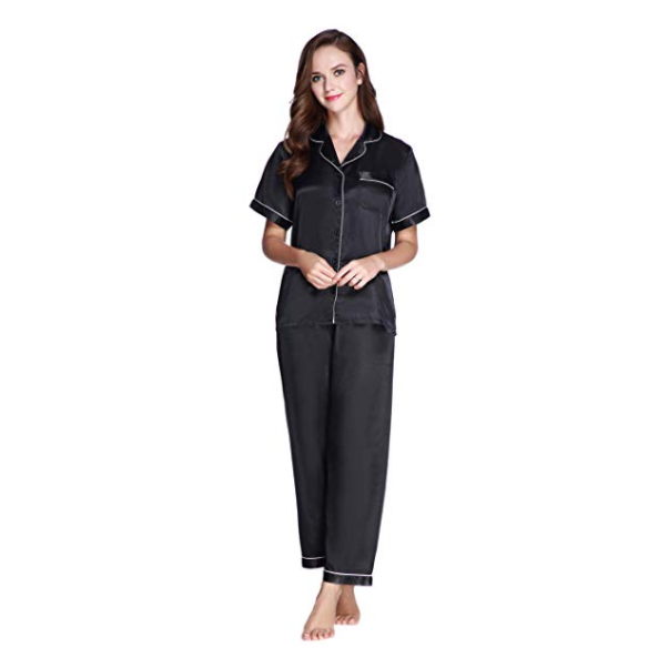 Lavenderi Women's Short Sleeve Classic Satin Pajama Set - Soft Silky Sleepwear for Women, Comfortable & Stylish