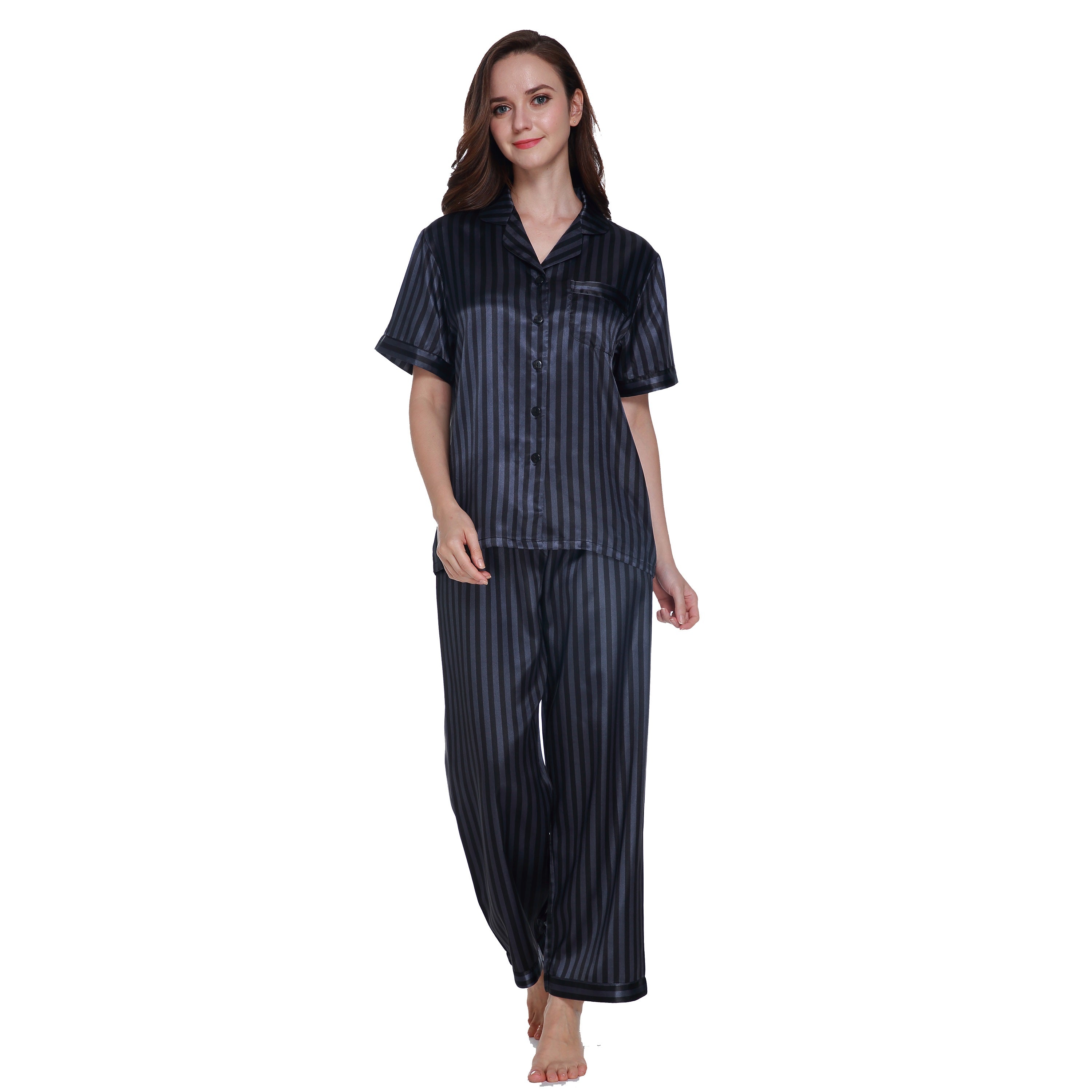 Lavenderi Women's Short Sleeve Classic Satin Pajama Set - Soft Silky Sleepwear for Women, Comfortable & Stylish