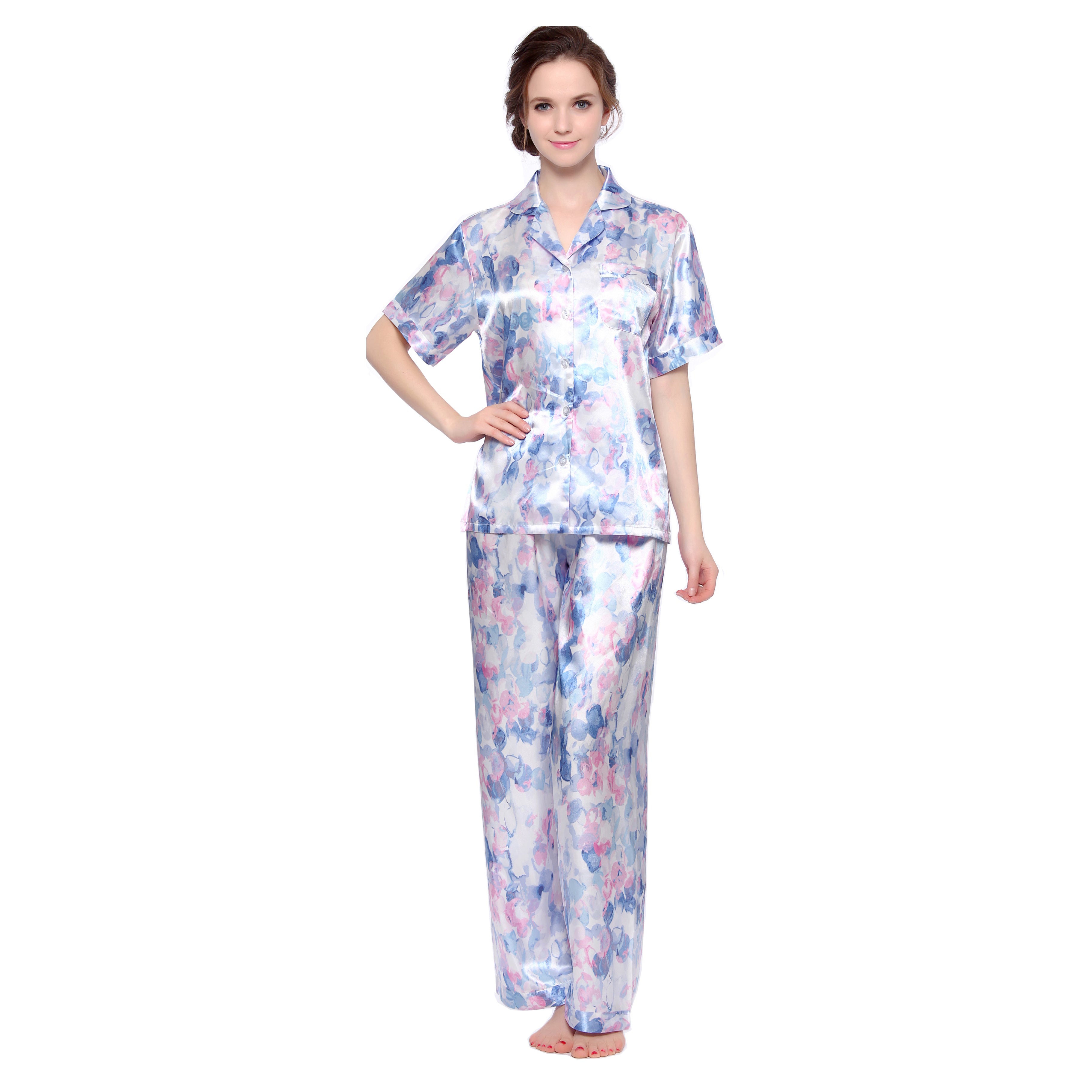 Lavenderi Women's Short Sleeve Classic Satin Pajama Set - Soft Silky Sleepwear for Women, Comfortable & Stylish