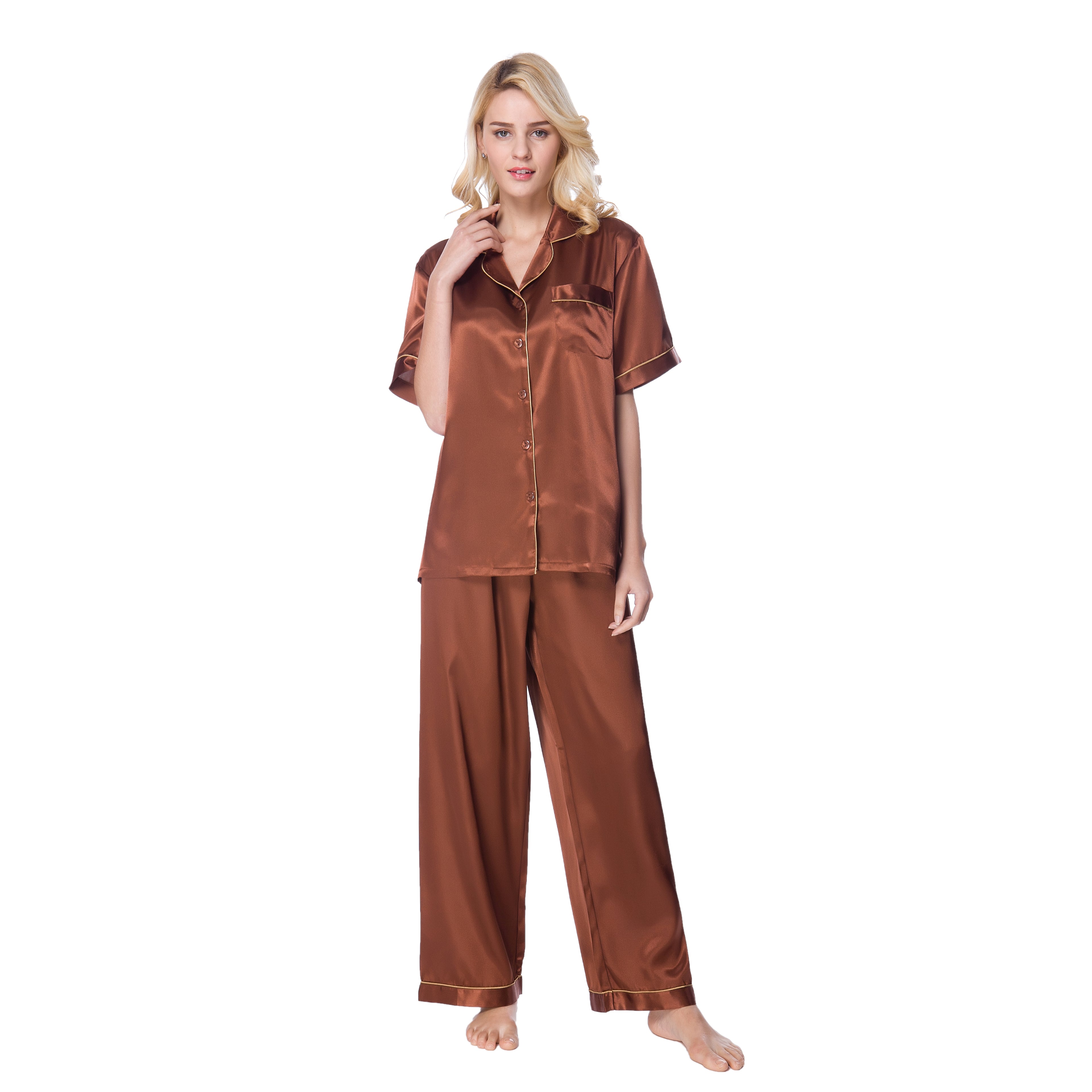 Lavenderi Women's Short Sleeve Classic Satin Pajama Set - Soft Silky Sleepwear for Women, Comfortable & Stylish