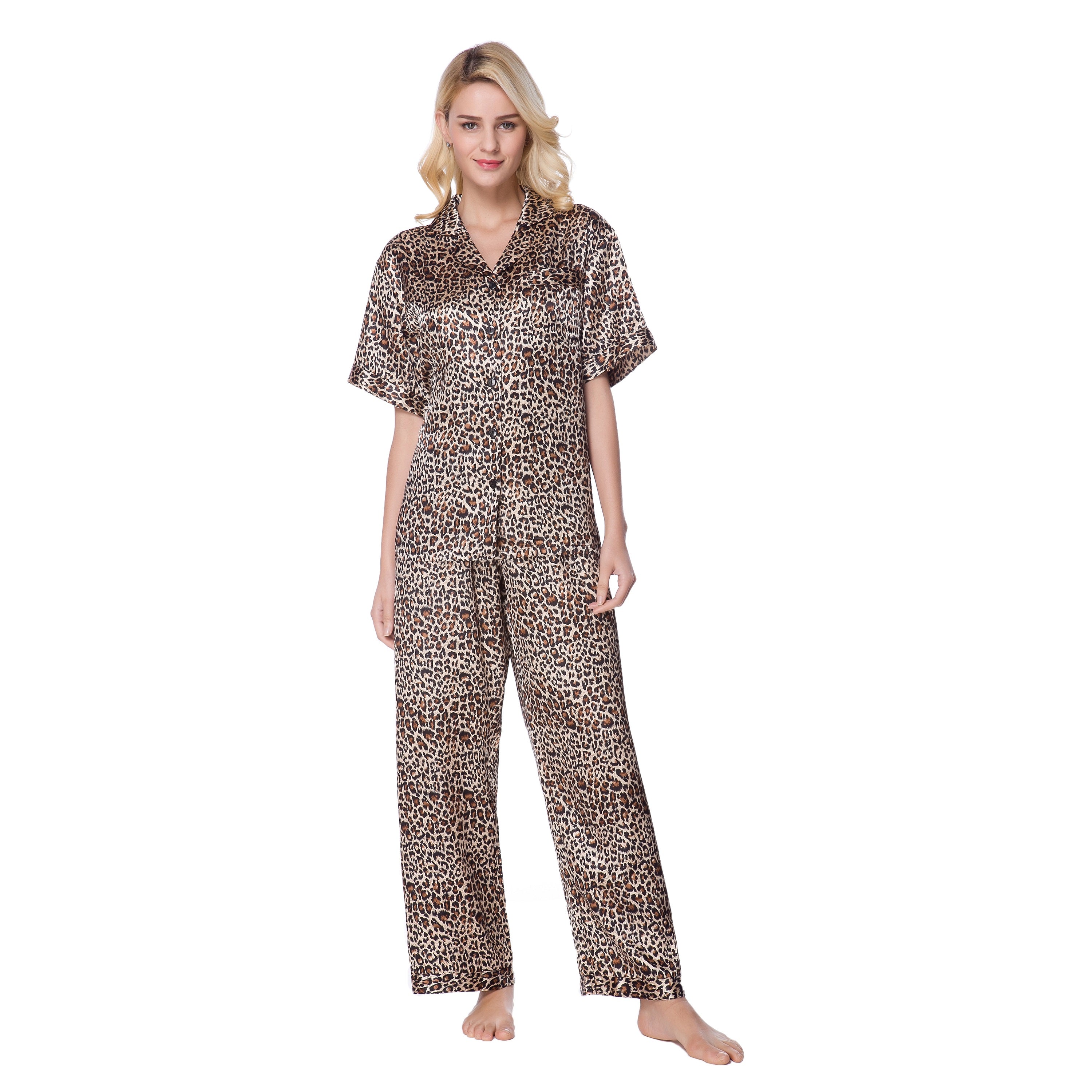Lavenderi Women's Short Sleeve Classic Satin Pajama Set - Soft Silky Sleepwear for Women, Comfortable & Stylish