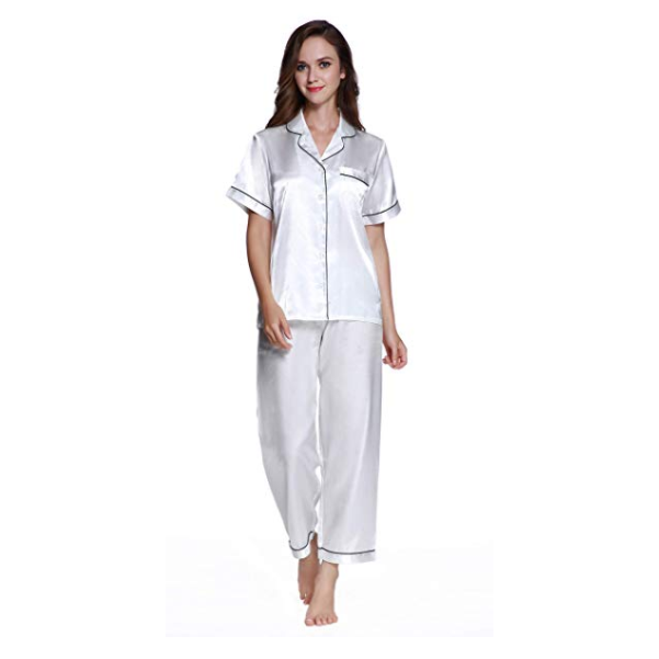Lavenderi Women's Short Sleeve Classic Satin Pajama Set - Soft Silky Sleepwear for Women, Comfortable & Stylish