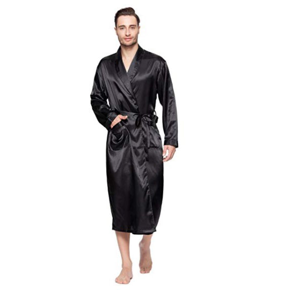 Lavenderi Men's Silk Satin Lounge Robe, Long Lightweight Bathrobe Sleepwear