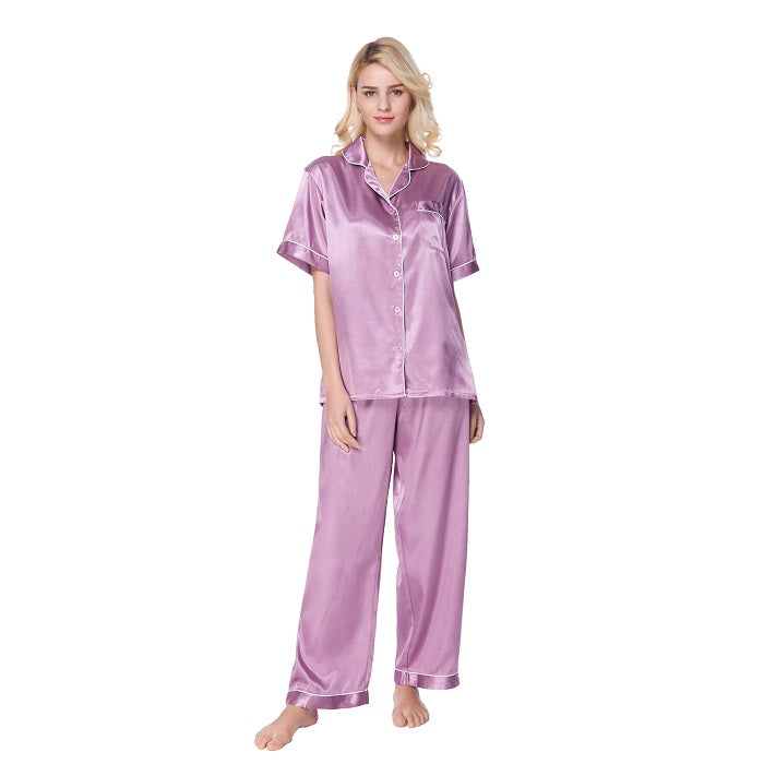 Lavenderi Women's Short Sleeve Classic Satin Pajama Set - Soft Silky Sleepwear for Women, Comfortable & Stylish
