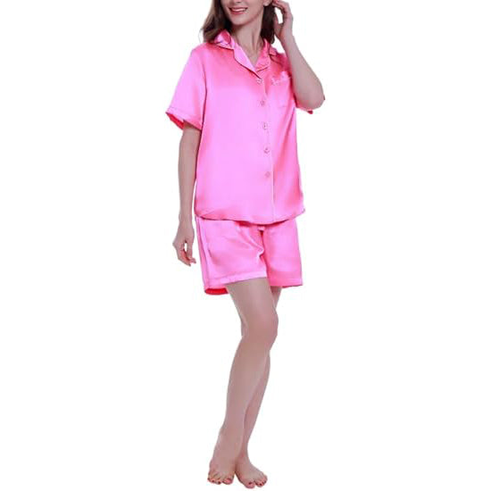 Women's Short Sleeve Classical Silky Satin Pajamas, Short Bottom Sleepwear