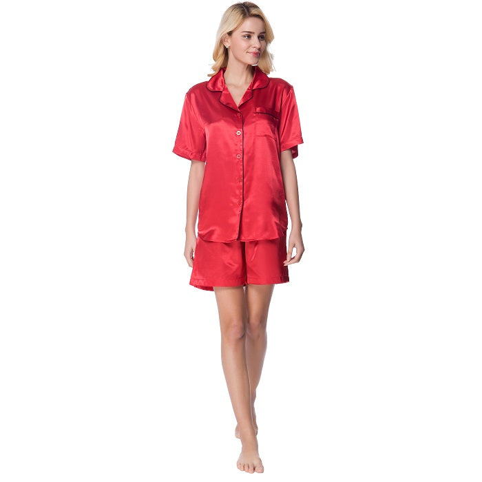 Women's Short Sleeve Classical Silky Satin Pajamas, Short Bottom Sleepwear
