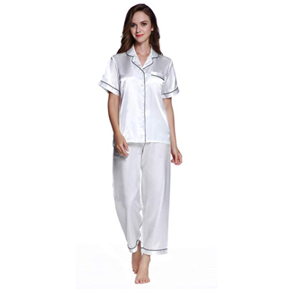 Lavenderi Women's Short Sleeve Classic Satin Pajama Set - Soft Silky Sleepwear for Women, Comfortable & Stylish